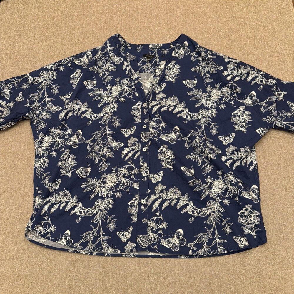 Talbots Button Up Navy Nautical Floral Peasant Top Shirt XL butterfly